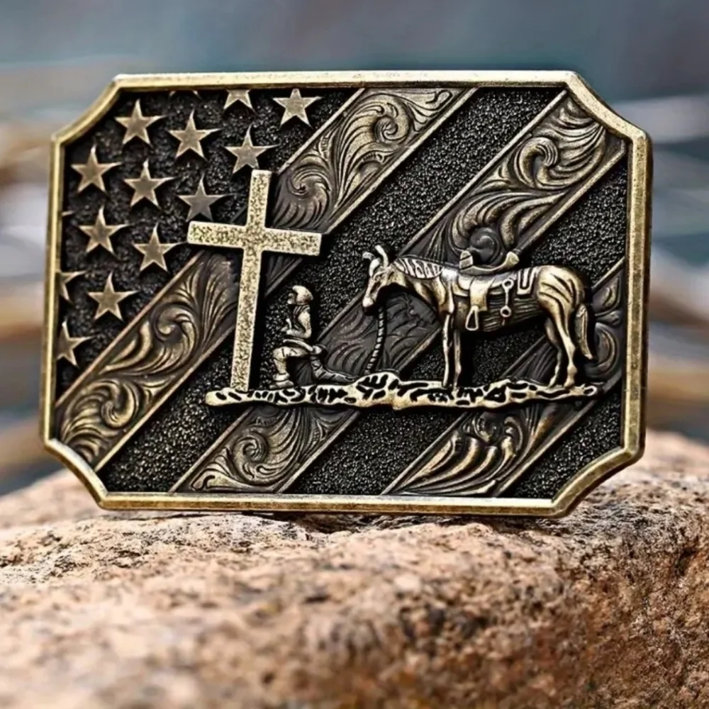 New men's flag cross praying cowboy belt buckle